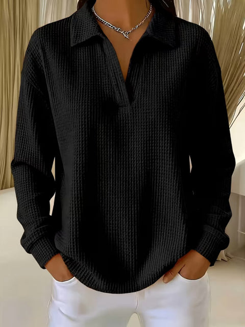 Waffle Lapel Long Sleeve Polo Top m303214