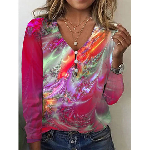 Langarm-T-Shirt-Pullover mit V-Ausschnitt, Stern-Batikmuster und Perlmuttknöpfen m300609 