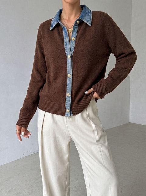 Fake two-piece lapel knitted cardigan autumn and winter loose women's long-sleeved top FF303348