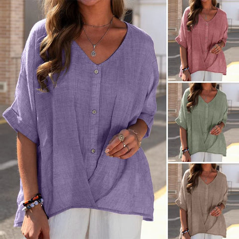 Pull ample à manches courtes et col en V en coton et lin pour femme, haut décontracté m301320 