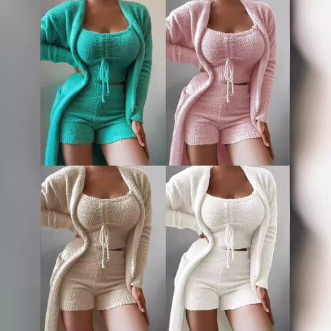 Plush three-piece lace-up pajamas set casual set loungewear m301066