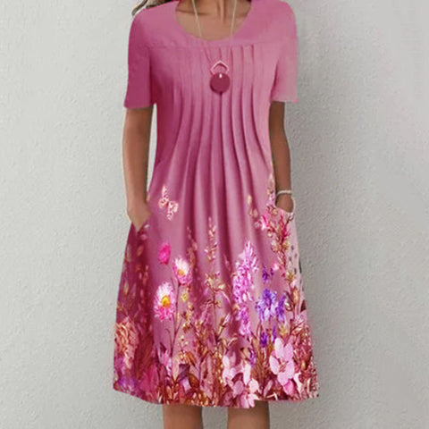 Spring/Summer Floral Print Crew Neck Pocket Medium Length Dress m300905
