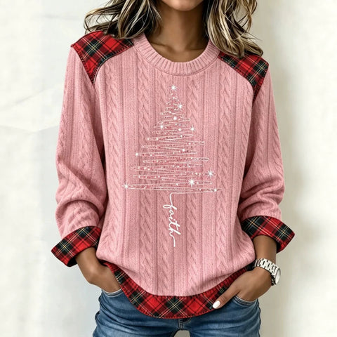 Christmas tree plaid print crew neck long-sleeved casual pullover sweater FF303471