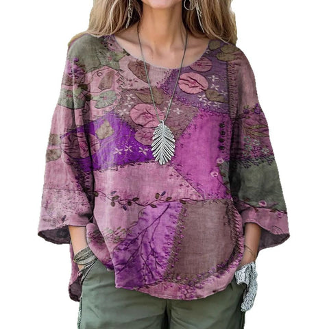 T-shirt décontracté à col rond et manches 9/4 pour femme, imprimé numérique, m301422 