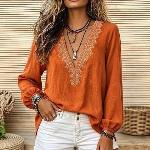 T-shirt deep V-neck exquisite print lantern sleeves loose holiday style orange loose shirt FF303378