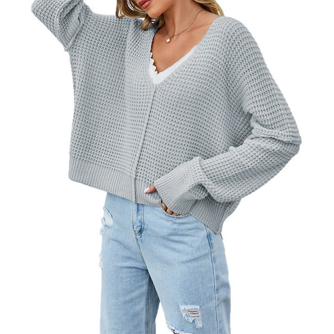 V-neck solid color off-the-shoulder loose hot-selling knitted sweater FF303369