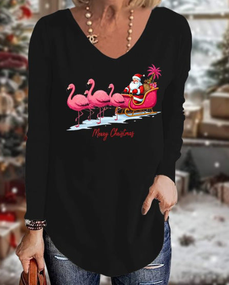 Loose 3D V-neck long-sleeved T-shirt women's Christmas printed bottoming shirt m302098