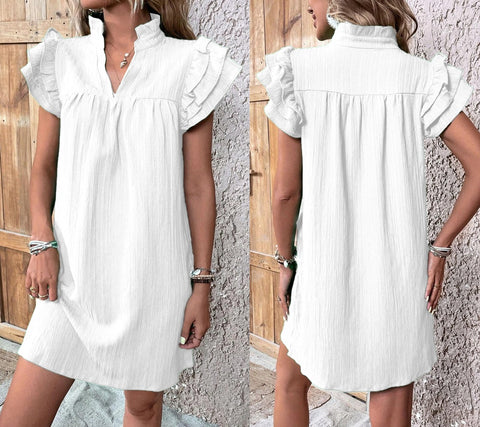 Versatile multi-layer lotus leaf sleeve V-neck pullover dress m301019