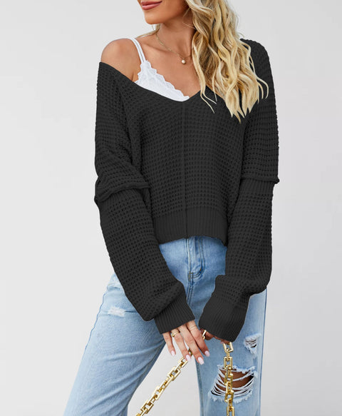 V-neck solid color off-the-shoulder loose hot-selling knitted sweater FF303369