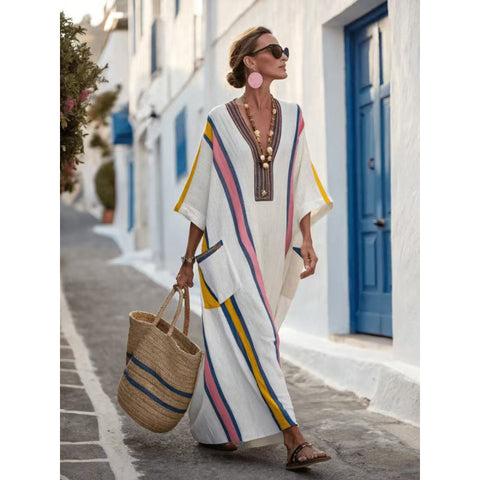 Holiday long striped embroidered dress m302762