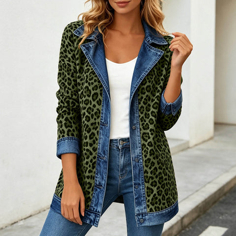 Leopard print denim jacket women's long-sleeved casual cardigan autumn loose jacket FF303339