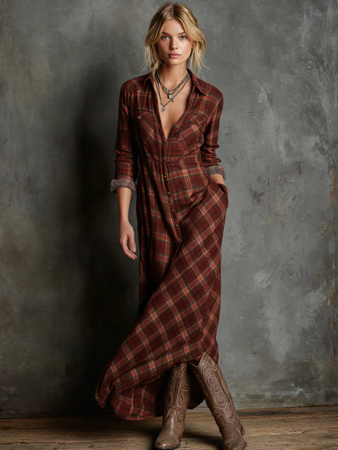 Temperament elegant long-sleeved plaid shirt skirt fashion plaid shirt collar dress m302504