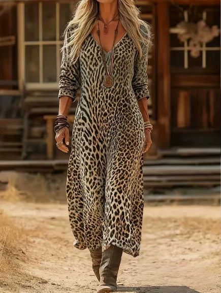 Women's loose V-neck fashion high-end long-sleeved printed collar dress m302766