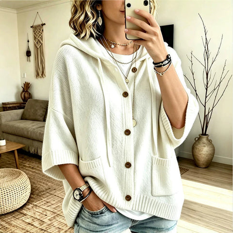 Multi-color hooded knitted cardigan loose seven-quarter sleeve sweater FF303358