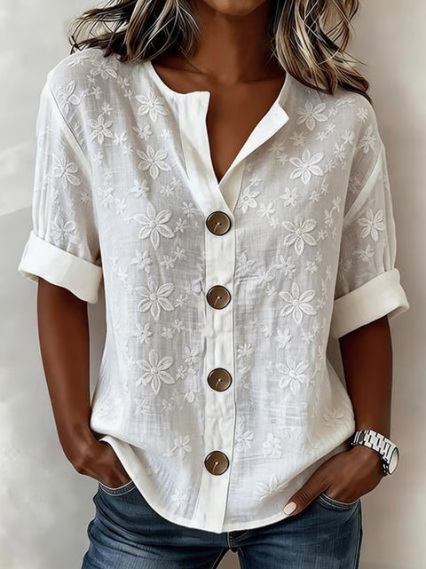 V-Neck Shirt Medium Sleeve Flower Print Button Casual Ladies Shirt m302697