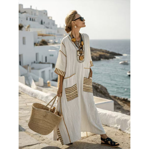 Holiday long striped embroidered dress m302762