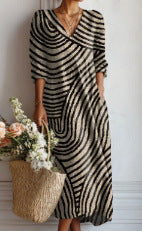 Women's loose V-neck fashion high-end long-sleeved printed collar dress m302766
