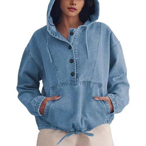 Fashion denim hoodie button-down pullover jacket denim sweatshirt FF303261