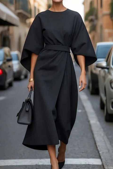 Mode Temperament elegante einfarbige Taille Kleid lässig Fledermaus Ärmel langes Kleid m301326 