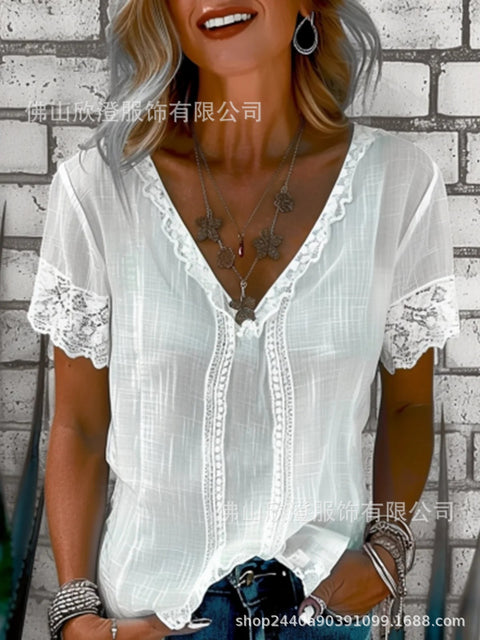 Solid color casual lace V-neck loose shirt m301715