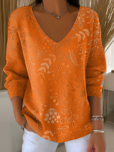 Shoulder V-neck long-sleeved autumn leaf 3D digital printing women's top FF303401