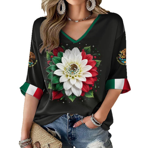 Down shoulder V-neck seven-quarter sleeve 3D printed women's top T-shirt m302844