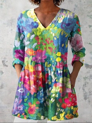 V-neck medium-sleeved T-shirt loose and casual new fashion women's top FF303377