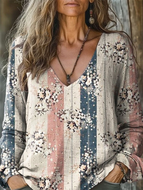Casual V-Neck Long Sleeve Pullover Digital Printing Women's Upper T-Shirt FF303120