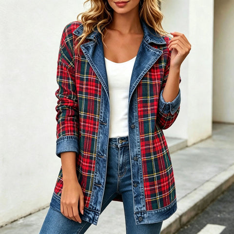 Plaid splicing denim jacket autumn new lapel seven-quarter sleeve jacket women's FF303355