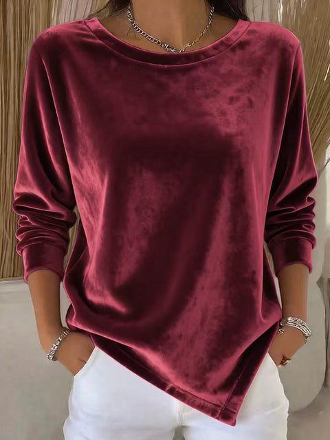 Casual Crew Neck Velvet Solid Color Long Sleeve Women's T-Shirt FF303114