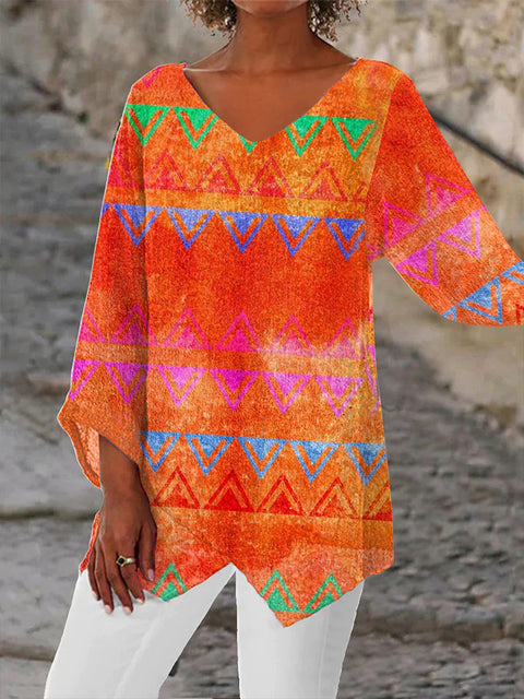T-shirt ample à manches 3/4 et col en V pour femme, imprimé animalier et paysage naturel, m301289 