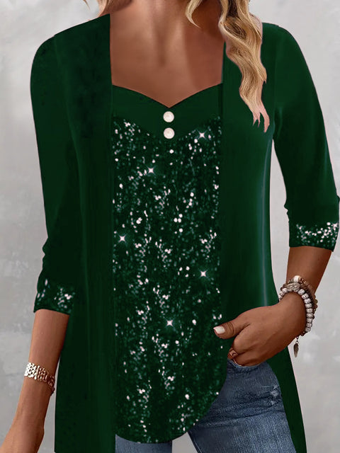 Bead splicing button long sleeve women's top m300420