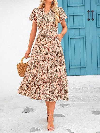 V-neck bubble pleated printed short sleeved dress m300104