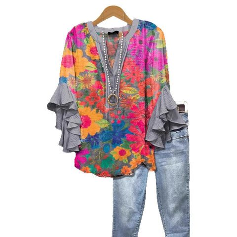 Creative floral element printing digital printing casual trend V-neck lotus edge T-shirt m301358