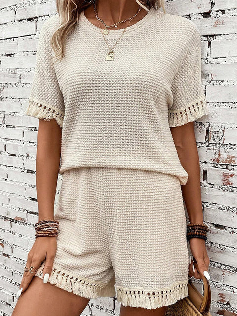 Summer new solid color simple versatile fringe trim texture two-piece set m301027