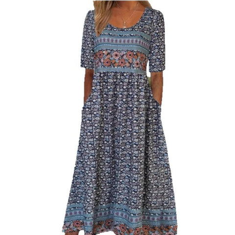 Up and down splicing pocket size printing big wide dress m301712