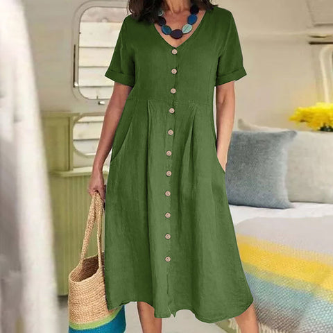 Neues einfarbiges, lockeres Kleid aus Baumwolle und Leinen mit hoher Taille m301192 