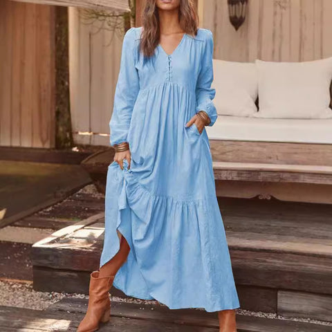 Knopf Baumwolle und Leinen Retro lässig Langarmkleid große Schaukel langes Kleid mehrfarbig m301374 