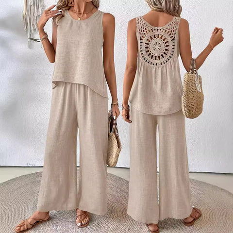 Frühling und Sommer einfarbig hohle Spitze zweiteilige Mode lässig Weste breite Beinhosen Hose m301367 