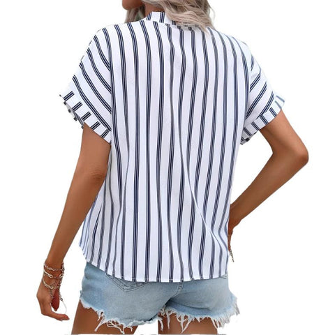 Women's casual style striped breasted V-neck loose short-sleeved shirt women's shirt m302408