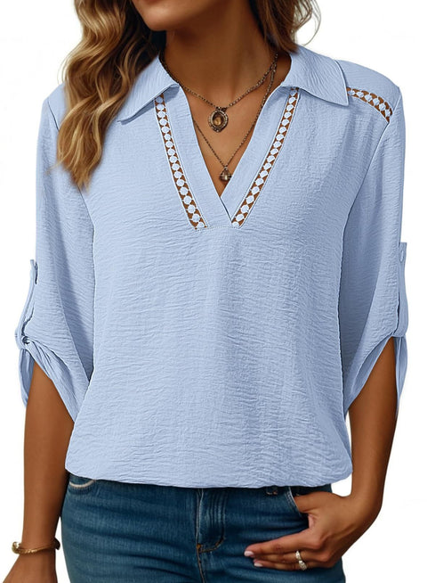 Casual solid color POLO hollow V-neck seven-quarter sleeve versatile women's top m302349