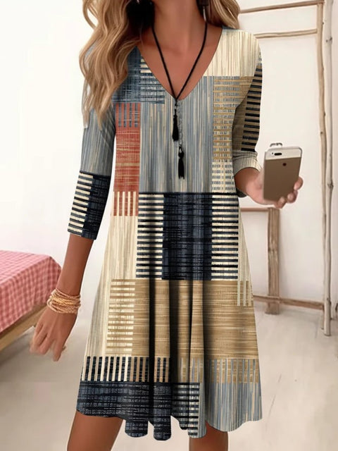 Herbst und Winter V-Ausschnitt hohe Taille Retro allmähliche Veränderung Farbdruck Neunviertelärmel lockeres Kleid m300742 
