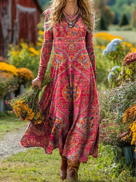 Creative tie-dye 3D printing women's new V-neck long-sleeved dress medium and long dress m302799