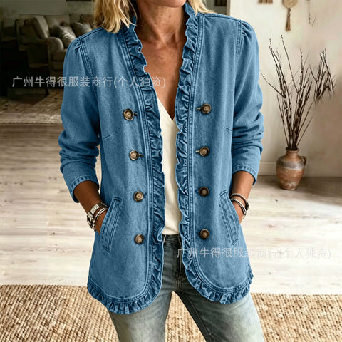Washed denim jacket women's ruffle edge button-up denim jacket FF303256