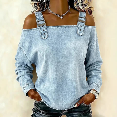 One-word tie shoulder strap long-sleeved top m303209