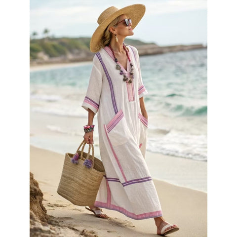 Holiday long striped embroidered dress m302762