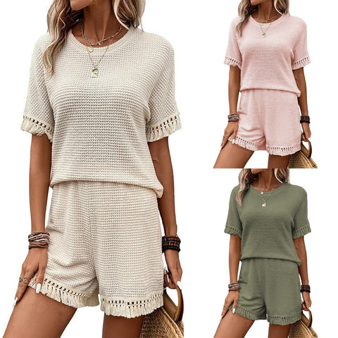 Summer new solid color simple versatile fringe trim texture two-piece set m301027