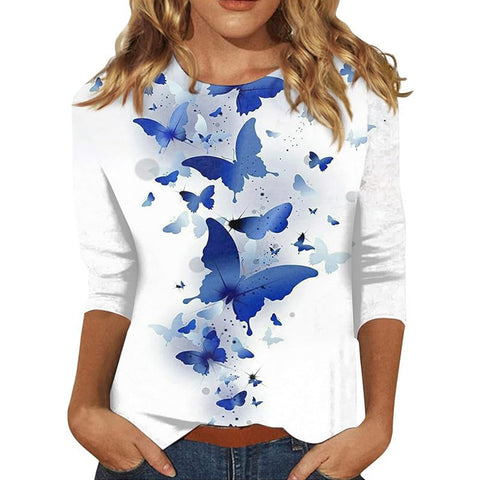 Pull ras du cou à manches sept-quarts et imprimé 3D de fleurs et de plantes m300615 