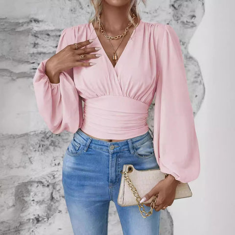 Taille V-ausschnitt tasche ärmel einfarbig faltig frauen langarm top m300997 