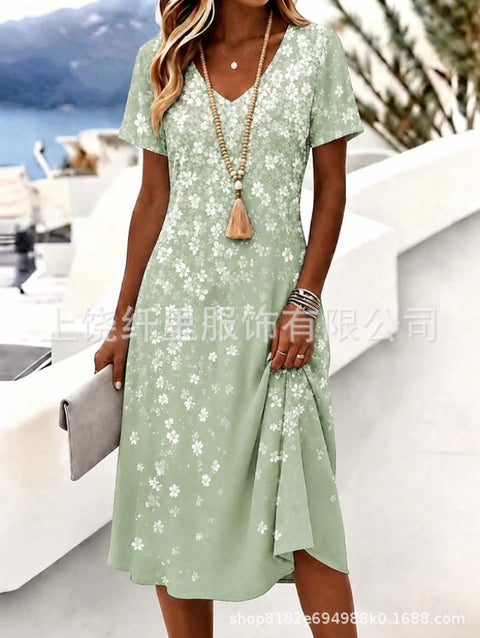 Printed women's v-neck short-sleeved temperament fashion dress m303046